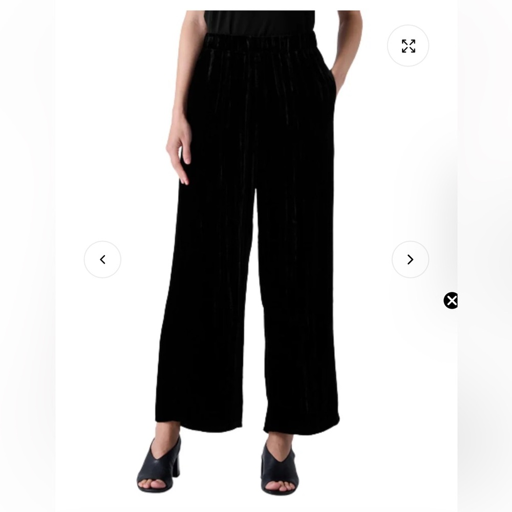 Eileen Fisher Crushed Velvet Cropped Pull On Black Wide Leg Pants